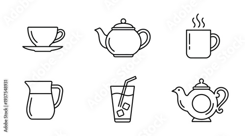 Line art illustrations of tea and coffee cups, teapots, and jug in minimalist style with simple black lines on white background for beverage branding