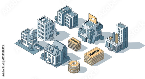 Isometric illustration of various buildings, a piggy bank, a stack of coins, and a stack of 'pension' labeled envelopes, symbolizing financial planning and retirement.
