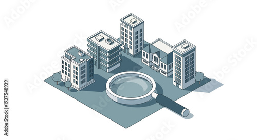 Magnifying glass examining a cluster of diverse buildings, representing real estate analysis or urban planning.