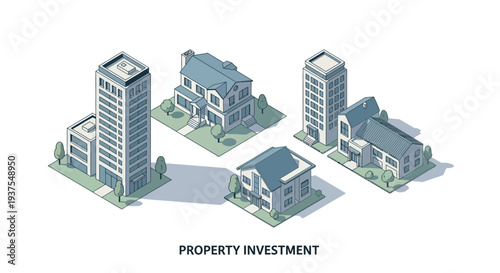 Isometric illustration of various property types including residential homes and commercial buildings, symbolizing property investment.