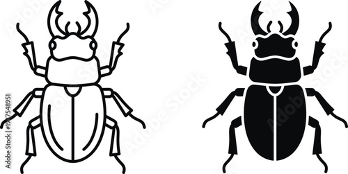 Stag beetle, insect wildlife, bug silhouette, nature biology, lucanus cervus, forest animal, entomology collection, shell wings, horn mandible, black vector illustration.
