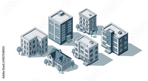 Isometric illustration of various residential and commercial buildings, including apartments, offices, and a house, set against a white background.