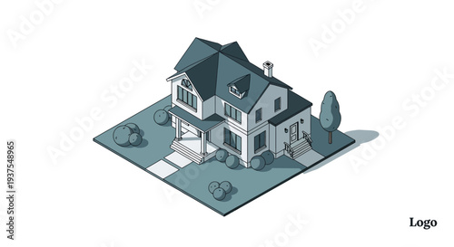 Isometric illustration of a modern two-story house with a porch, surrounded by a lawn and trees, presented in a clean, minimalist style.