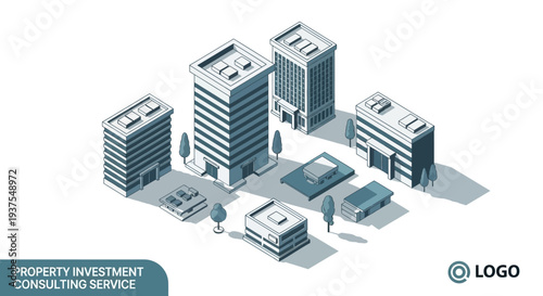 Isometric illustration of modern office buildings and commercial properties, representing real estate investment and consulting services.