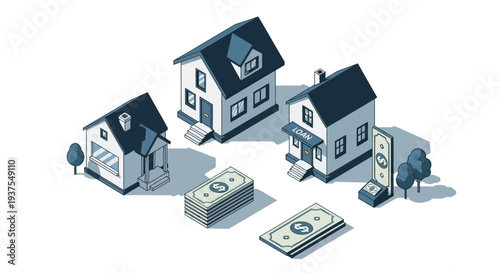 Illustration of three houses and stacks of money, representing real estate investment and financial transactions.