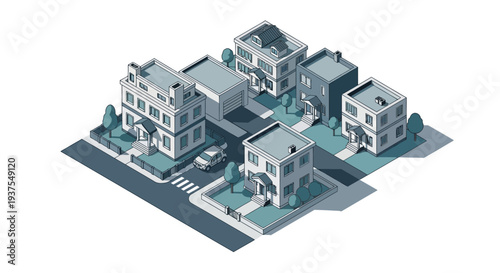 Isometric illustration of a suburban neighborhood with houses, streets, and a car, rendered in a clean, modern style.