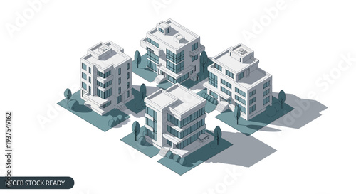 Isometric view of four modern white apartment buildings with green trees and shadows on a white background, representing urban real estate development.