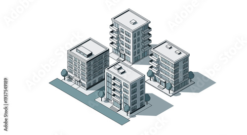 Isometric illustration of four modern apartment buildings arranged around a central courtyard with trees and a street.
