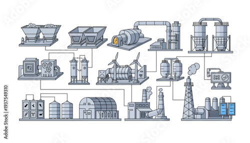 Industrial infrastructure diagram showing various facilities and equipment.
