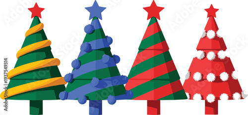 Colorful Christmas tree collection with ornaments and star toppers, festive holiday vector illustration set isolated on white background for winter decoration design