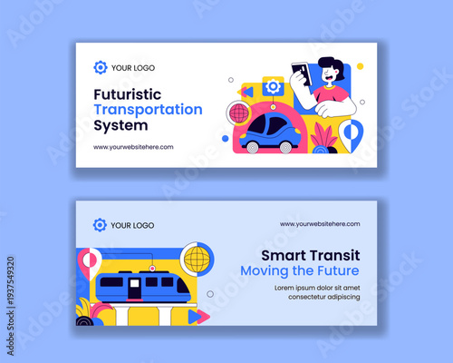 Social Media Banner Futuristic Transportation System Flat Cartoon Hand Drawn Background
