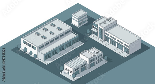 Isometric illustration of a modern industrial park with various commercial buildings and warehouses.