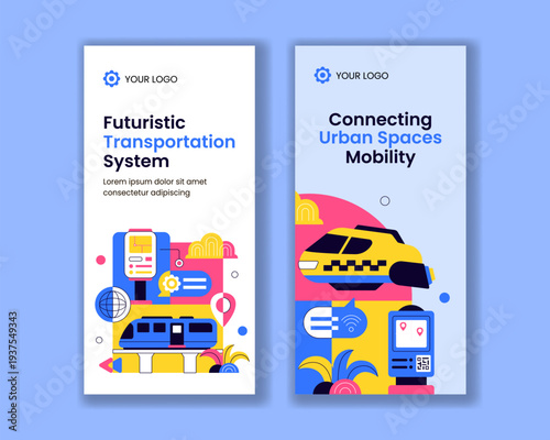 Futuristic Transportation System Social Media Vertical Banners Flat Cartoon Hand Drawn