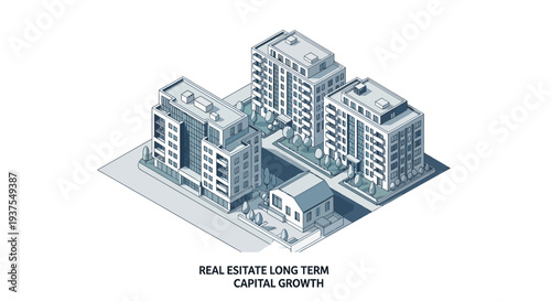 Isometric illustration of modern apartment buildings and a small house, symbolizing real estate long-term capital growth.