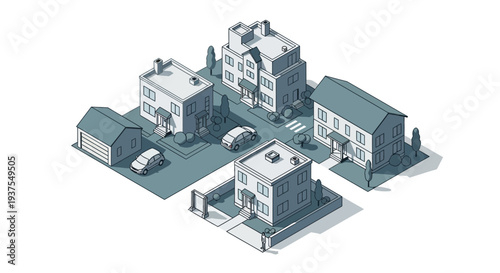 Isometric illustration of a suburban neighborhood with houses, cars, and a crosswalk, rendered in a limited color palette.