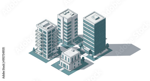 Isometric illustration of a cluster of modern buildings with varying heights and architectural styles, set against a clean white background with subtle shadows.