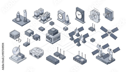 Isometric illustration of various industrial and technological components.