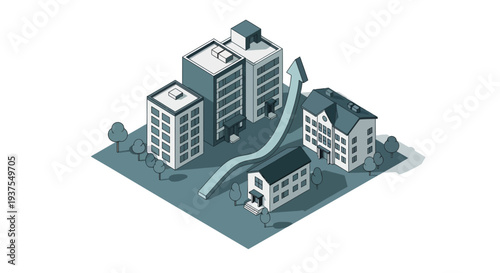 Isometric illustration of urban development and growth, showing buildings and an upward trending arrow.