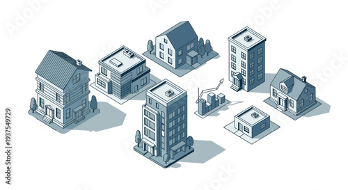 Isometric illustration of various residential and commercial buildings, including houses, apartments, and office blocks, set against a white background.