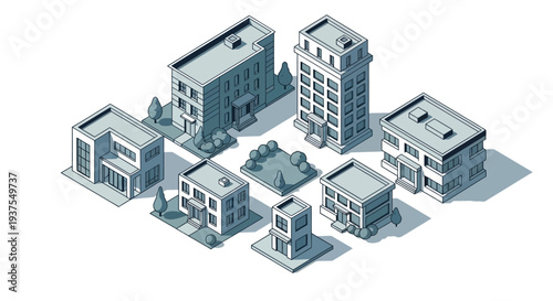 Isometric illustration of various modern buildings and a small park arranged in a grid pattern on a white background.