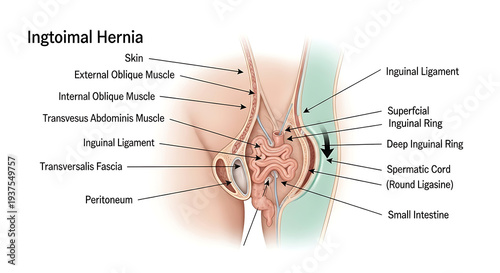 Detailed anatomical illustration of inguinal hernia with labeled structures.