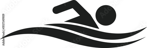 Swimming athlete silhouette icon, professional swimmer on water waves, sports pool activity symbol, aquatic exercise competition vector illustration, summer leisure.