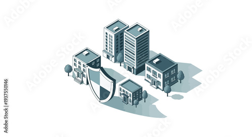 Isometric illustration of a shield protecting a cluster of diverse buildings, symbolizing security and protection for urban structures.