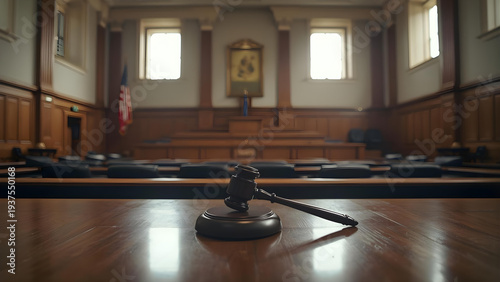Judge's gavel on courtroom table indoors