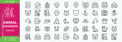 Animal Resources Line Editable Icons set. Containing pet, dog, cat, aquarium, pet carrier, pet bowl, etc. Editable stroke. Vector illustration