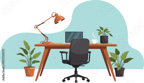 Clean flat vector illustration of a modern home office workspace with desk chair laptop lamp and potted plants