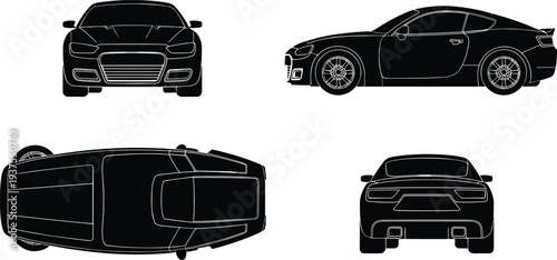 PrintCar blueprint illustration, front view, side view, top view, rear view, technical drawing, automotive design, vehicle layout, vector art