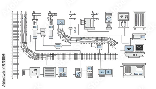 Railway Infrastructure Diagram with Various Control Systems and Equipment.