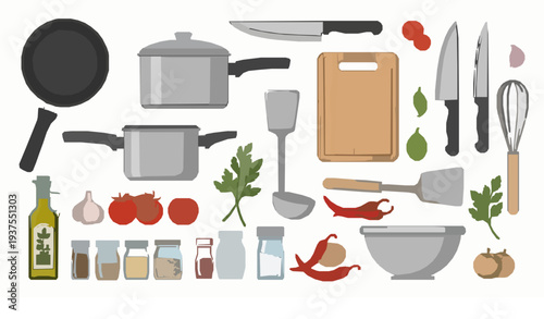 Modern Kitchen Utensils and Cooking Ingredients Vector Collection