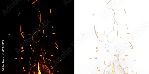 Canvas Print Floating fire embers isolated on black background, glowing burning coal particle