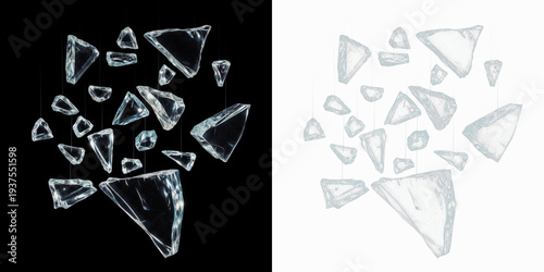 Bild auf Leinwand Transparent glass shards floating isolated on black background, shattered glass