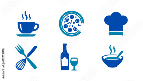 Cooking icons including chef hat, pizza, soup bowl, whisk, fork, wine bottle, and kitchen utensils.