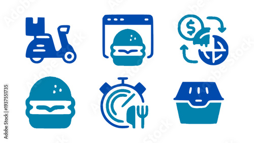 Modern food service icons including burger, delivery scooter, restaurant menu, takeaway box, and fast food elements.