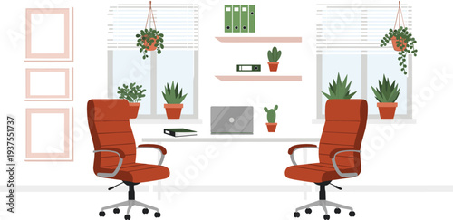 Modern office interior with two leather chairs a white desk laptop and many green potted plants near windows