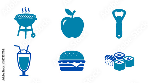 Restaurant food icons including burger, milkshake, barbecue grill, apple, and sushi.