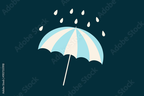 A stylized illustration of a blue and white striped umbrella with raindrops