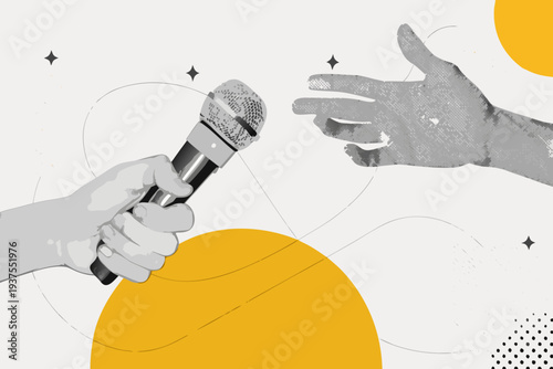 A hand holding a microphone reaching towards another gesturing hand