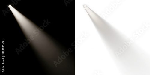 Light beam spotlight isolated on black background, dramatic stage spotlight ray, theater illumination beam cone, studio lighting spotlight effect element for performance and presentation visuals