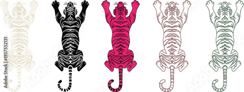 Tiger rug vector illustrations, hand drawn doodles, minimal line art, solid silhouettes, animal skins, jungle wildlife decor, exotic feline.