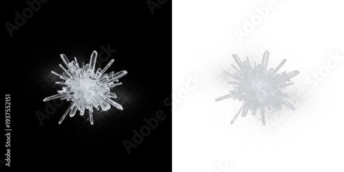 Shattered ice particles isolated on black background, frozen ice shard fragments explosion, broken ice crystal debris scatter, cold ice break effect element for winter and freezing visuals
