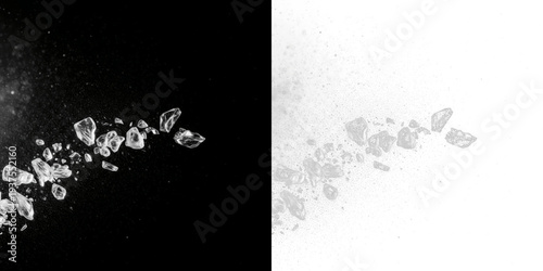 Shattered ice particles isolated on black background, frozen ice shard fragments explosion, broken ice crystal debris scatter, cold ice break effect element for winter and freezing visuals