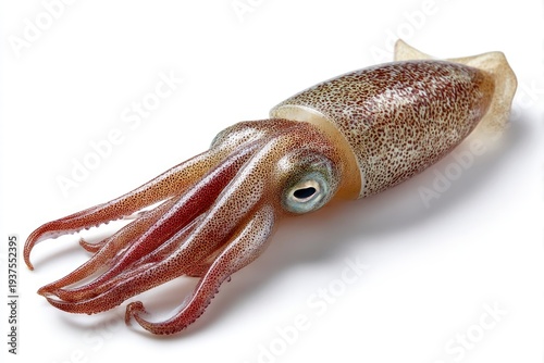 A fresh squid with a speckled brown and white body and reddish-brown tentacles is positioned on a plain white background