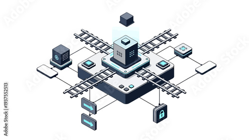 Isometric illustration of a central server connected to multiple devices.