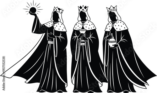 Black silhouette of the three wise men kings carrying gifts for Christmas nativity scene and religious holiday concept