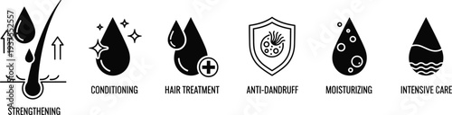 Set of black hair care product labels and icons for strengthening conditioning treatment anti-dandruff moisturizing and intensive care