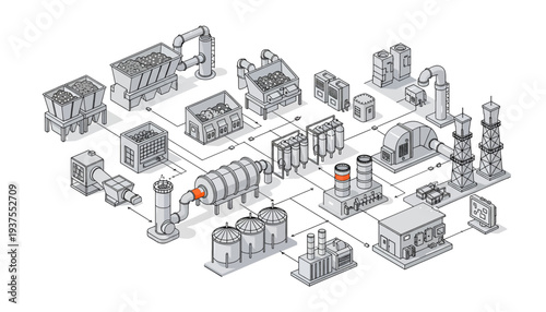 Isometric illustration of an industrial complex with various buildings and machinery.